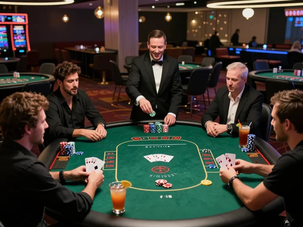 Topgamebai players displaying excitement at a poker table in a modern casino atmosphere