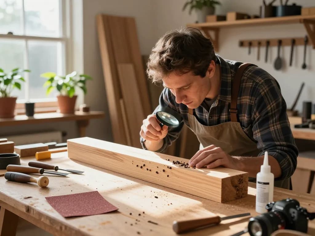 Ispezionare il legno per segni di infestazione da coleottero del legno con strumenti e luce solare in un laboratorio.