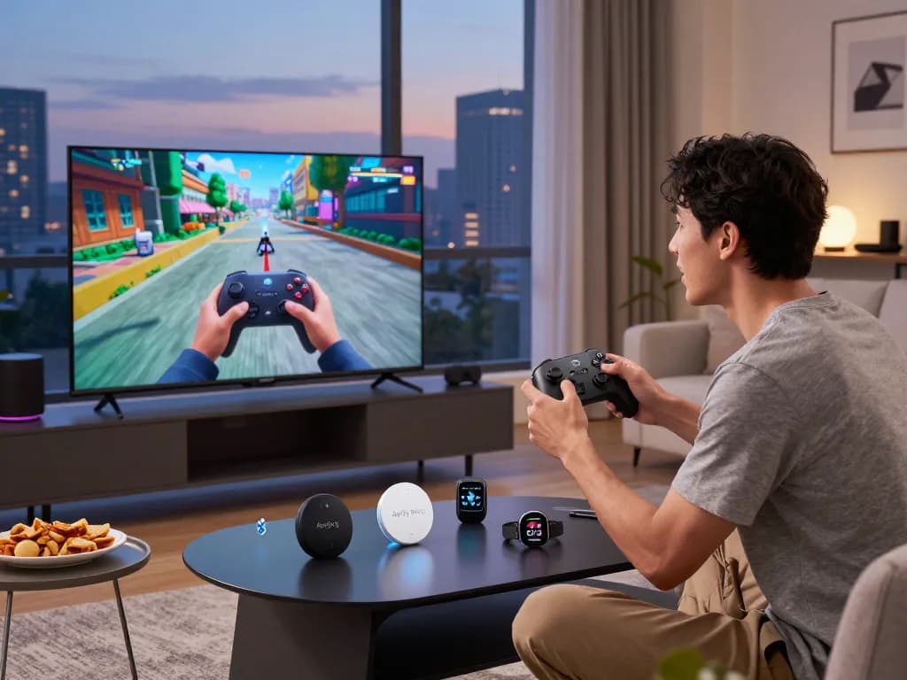 Experience the best tech gadgets for men including gaming controllers and Bluetooth devices in a stylish urban setting.