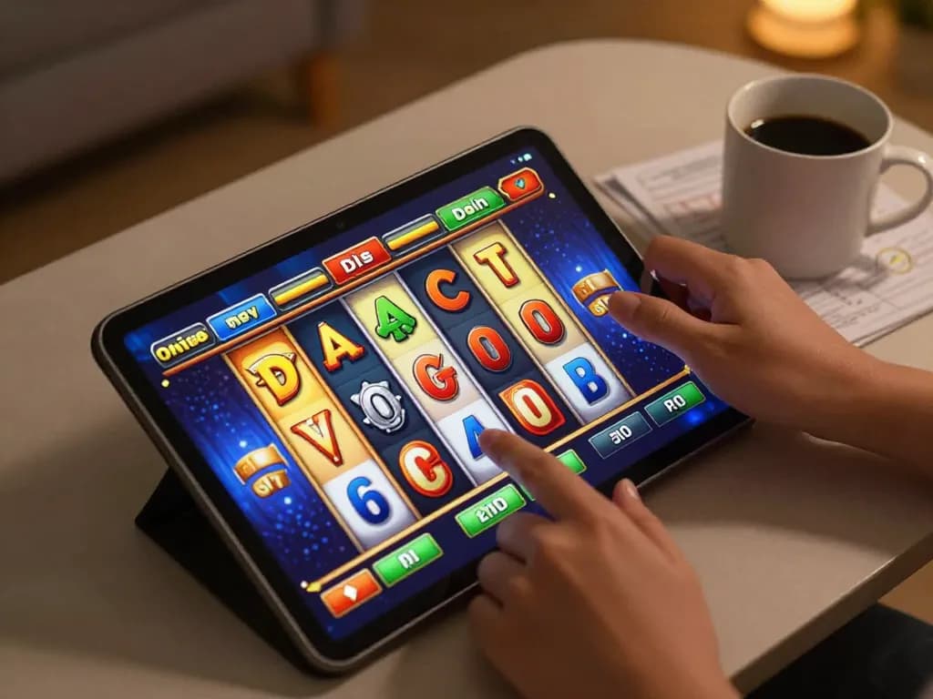 Terlibat dalam permainan raja slot di tablet sambil menikmati suasana rumah yang nyaman.