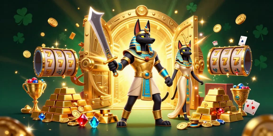 Win big on ck444 slot games with an exciting scene featuring ancient Egyptian characters and glowing treasures.