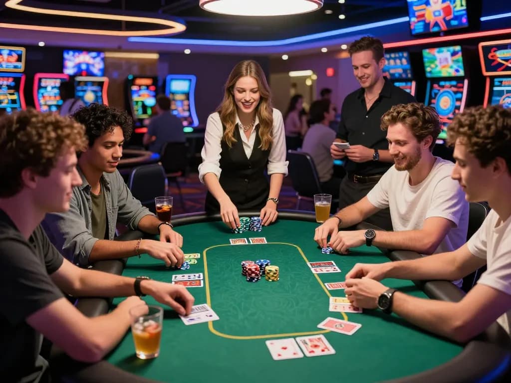Friends enjoying a vibrant MM88 casino poker game with colorful chips, drinks, and excitement.
