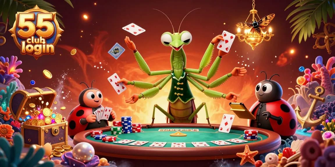 Experience excitement at 55 club login with a vibrant cartoon casino scene featuring lively characters.