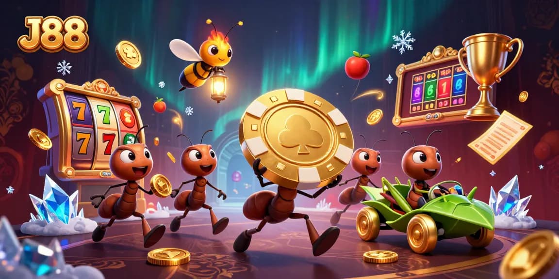 Experience J88's heist with cartoon ants stealing a giant poker chip in a dynamic casino scene