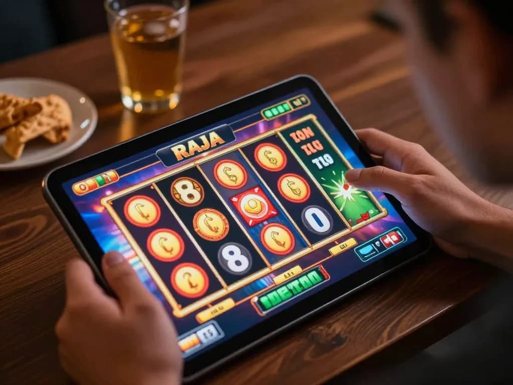 Player pressing spin on raja slot game tablet, colorful reels aligned for a potential win.