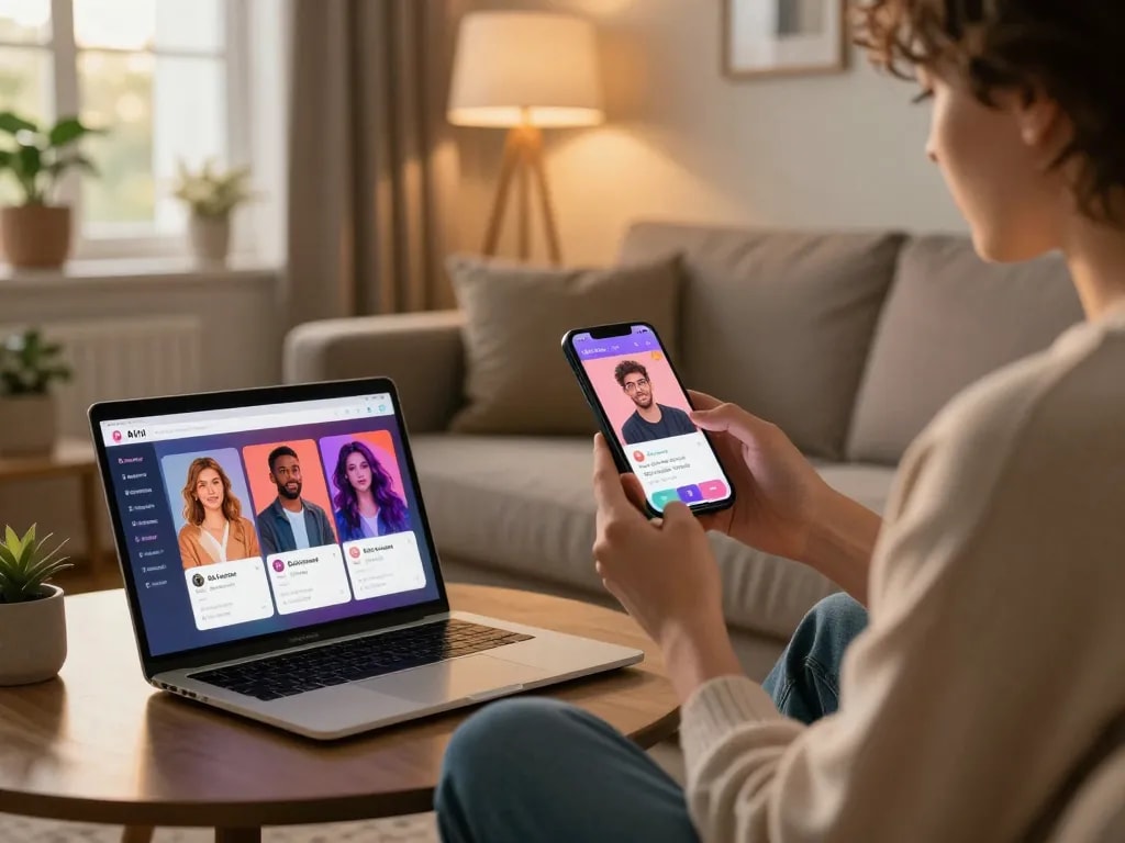 Individual engaging with an AI-driven dating app emphasizing ai sex technologies in a cozy apartment setting.