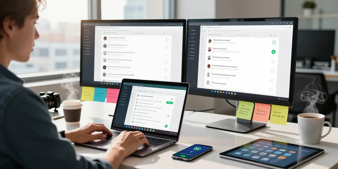 Person utilizing WhatsApp網頁版 on laptop in a bright, modern workspace with dual monitors and coffee.