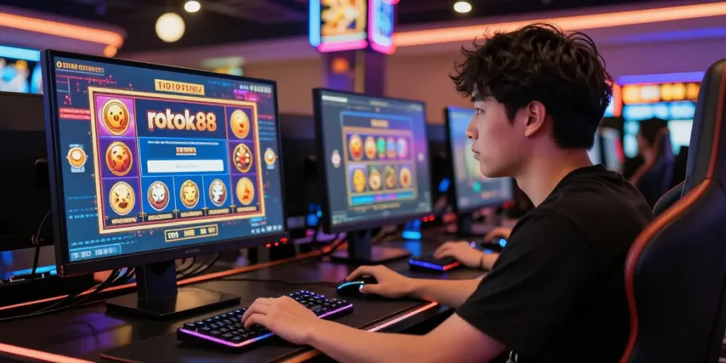 Player engaged in rokok88 slot login at a vibrant online gaming station.
