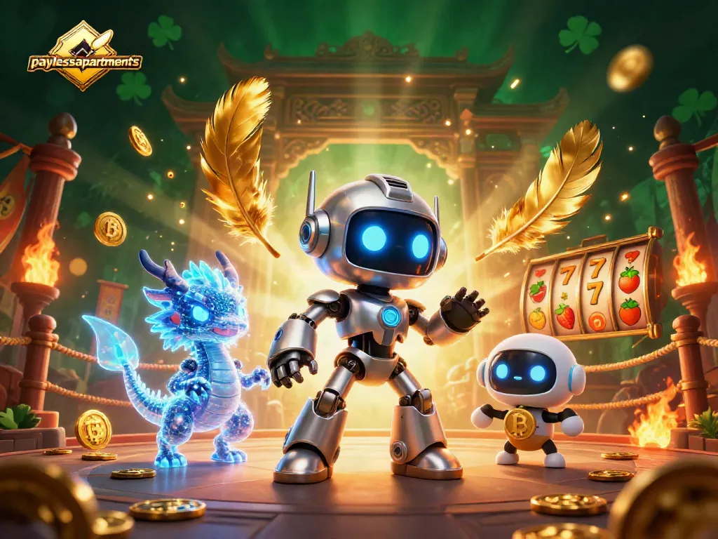 Engaging paylessapartments scene with a cyberpunk robot and lively casino elements.