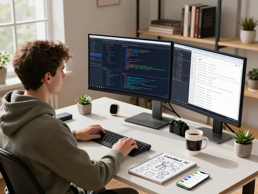 Developer working on Clawdbot AI in a modern home office