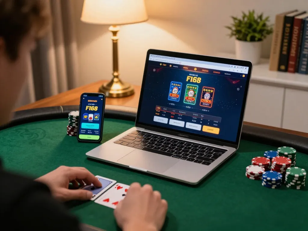 Engaging with nhà cái F168 through a laptop for an online poker game in a cozy home setup