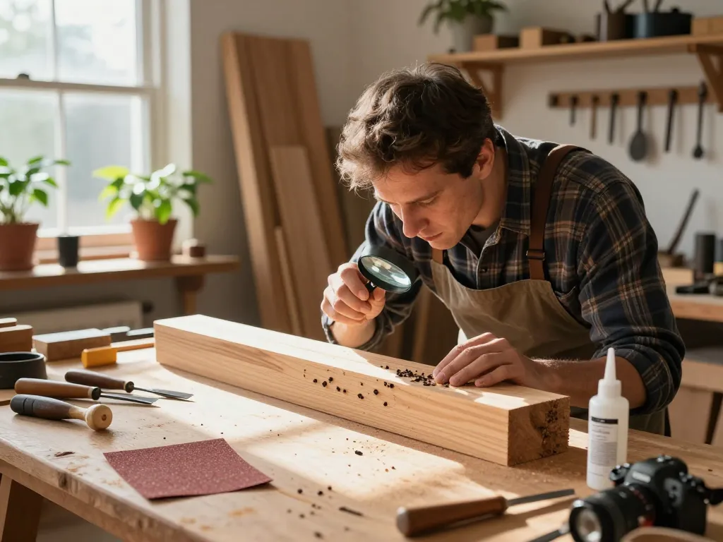 Ispezionare il legno per segni di infestazione da coleottero del legno con strumenti e luce solare in un laboratorio.