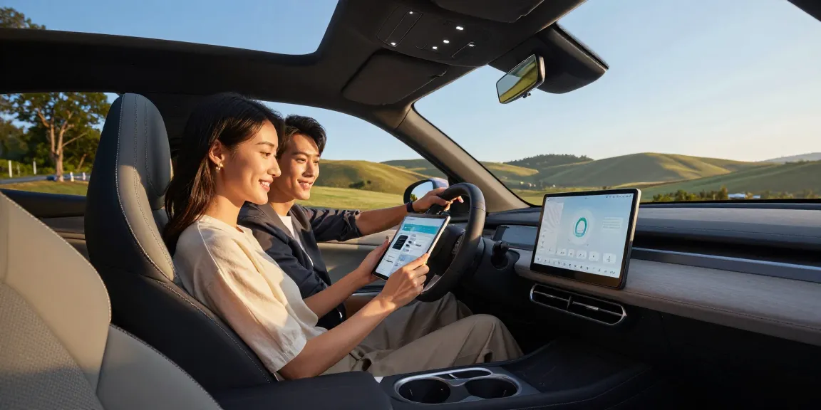 Noleggio lungo termine Omoda: coppia giovane con tablet in auto, atmosfera serena e moderna.