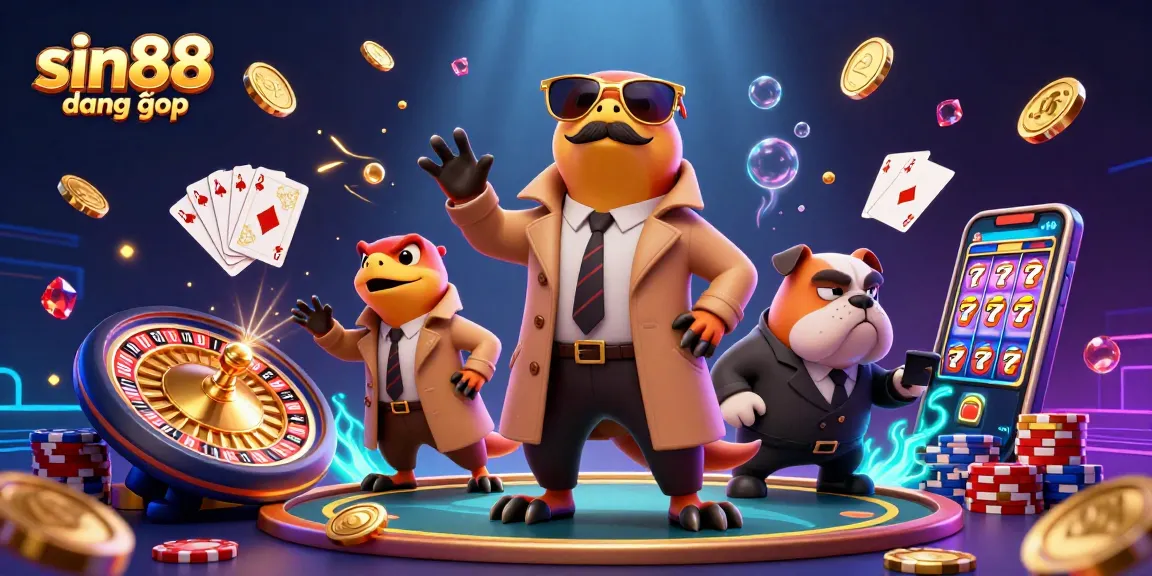Join sin88 đăng nhập at an exciting casino scene with cartoon raptors, golden coins, and vibrant game elements.