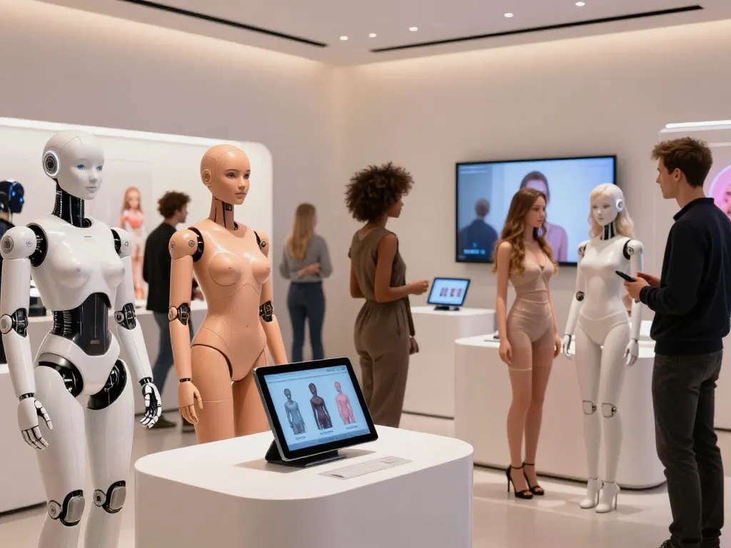 Engaging scene of diverse individuals exploring innovative sex bots in a modern showroom, showcasing advanced AI companionship.