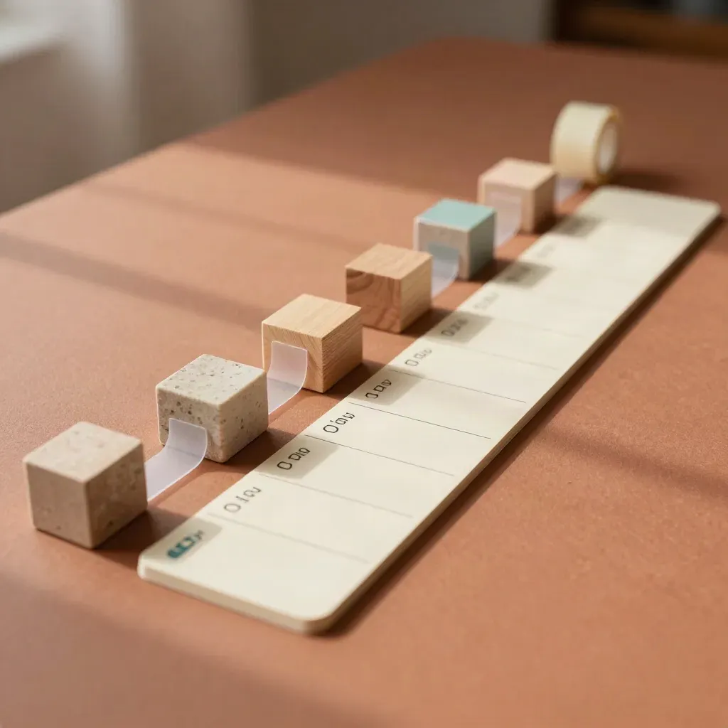 Card neutre, segnalini teal e nastro su piano terracotta, in diagonale ordinata.