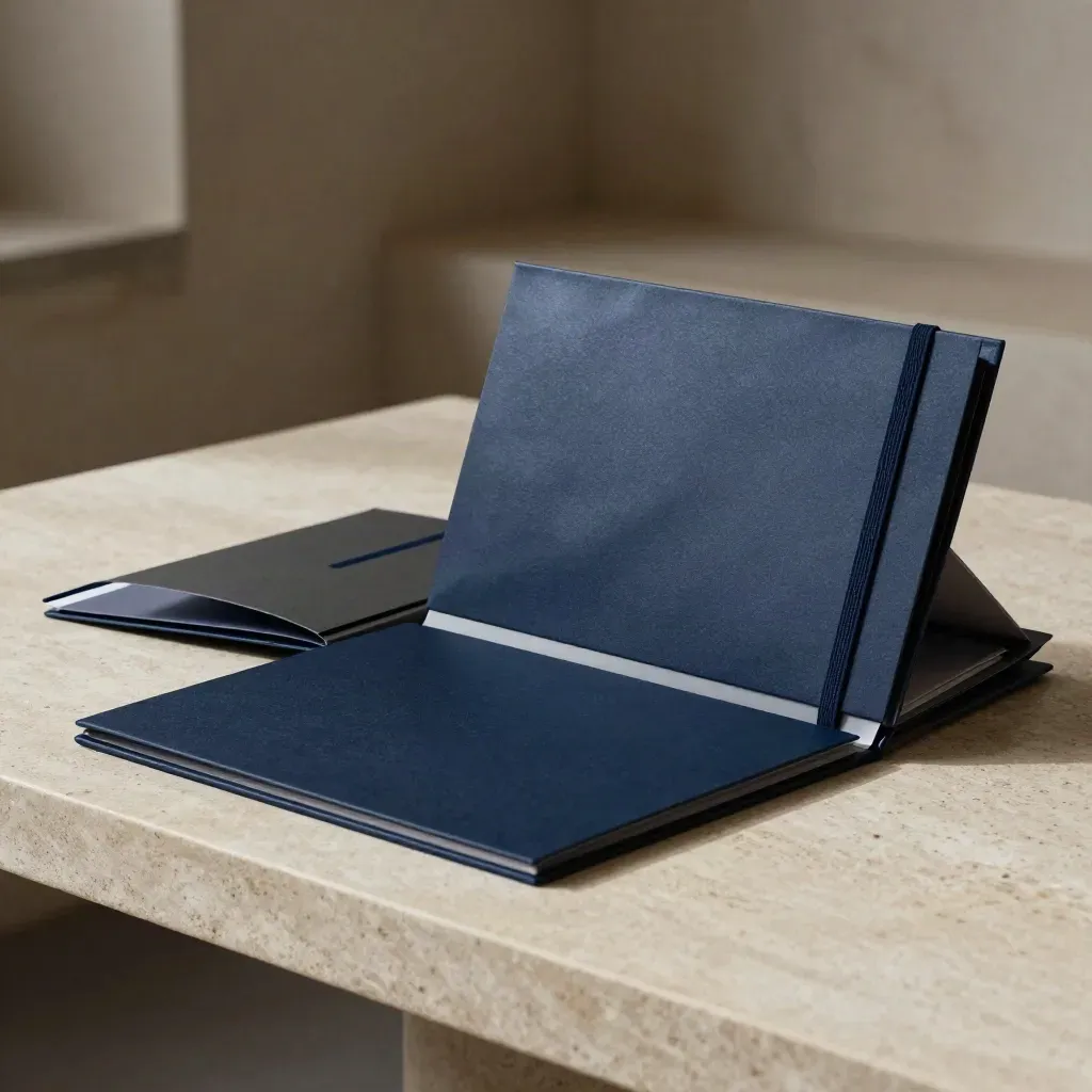 Cartelle rigide navy e box per pitch deck su tavolo in pietra, luce cinematografica.