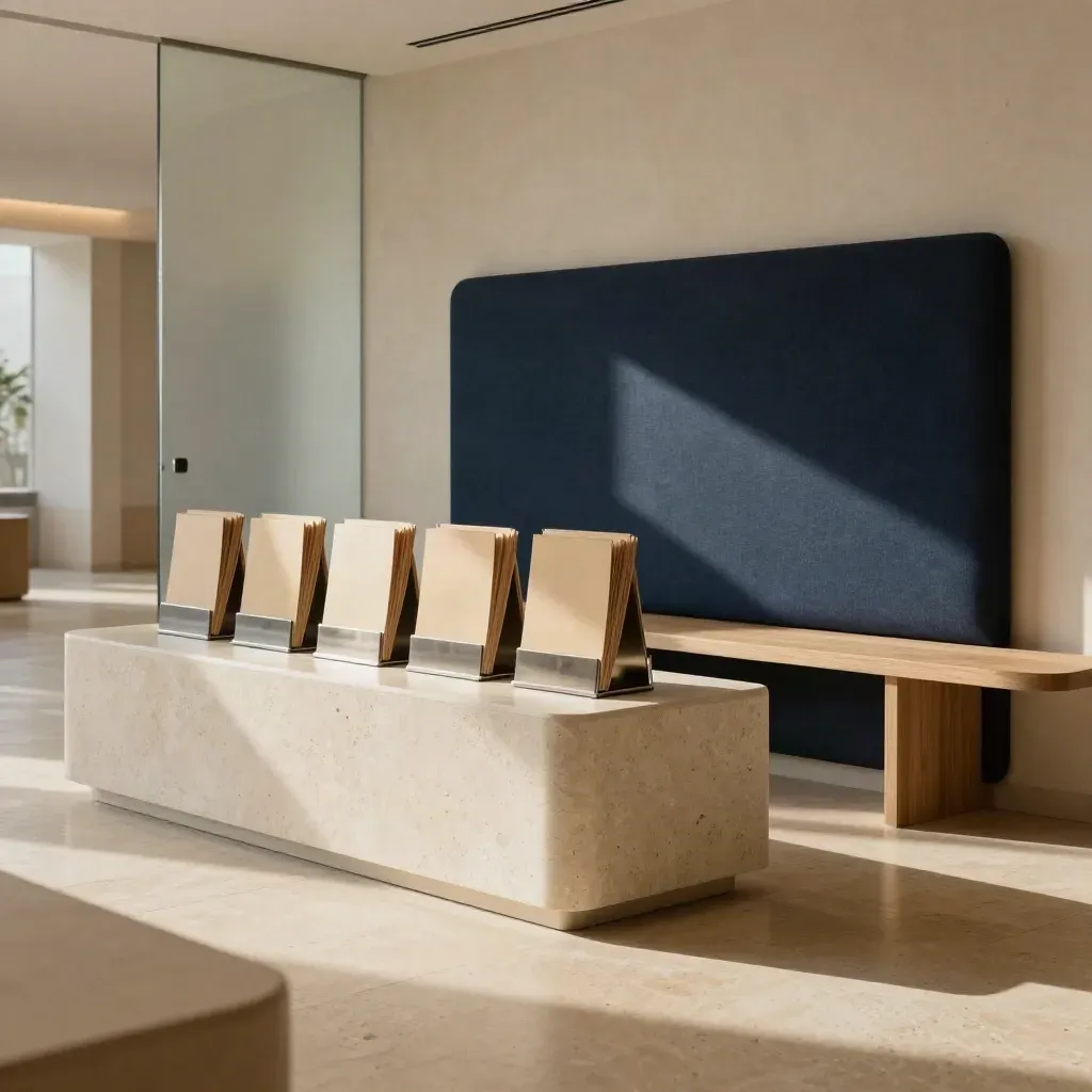 Studio HR raffinato con reception in travertino, cartelle neutre e luce d’ingresso morbida.