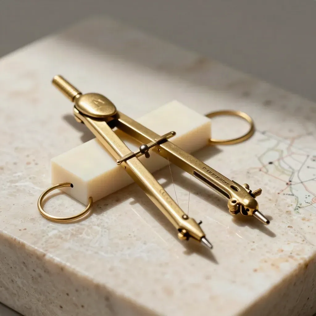 Compasso in ottone con anelli magnetici e fili sottili su travertino chiaro