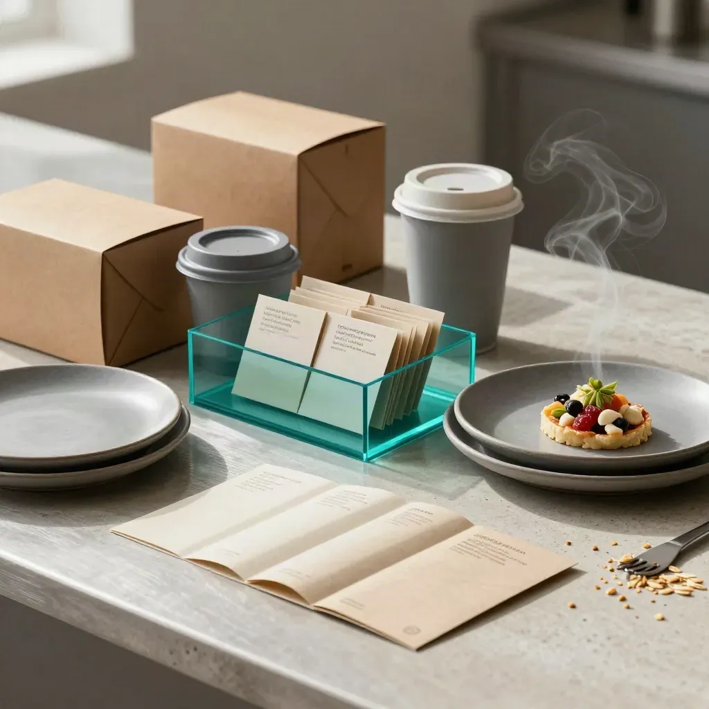 Kit social food con packaging e contenitori allineati, vapore leggero e luce morbida.
