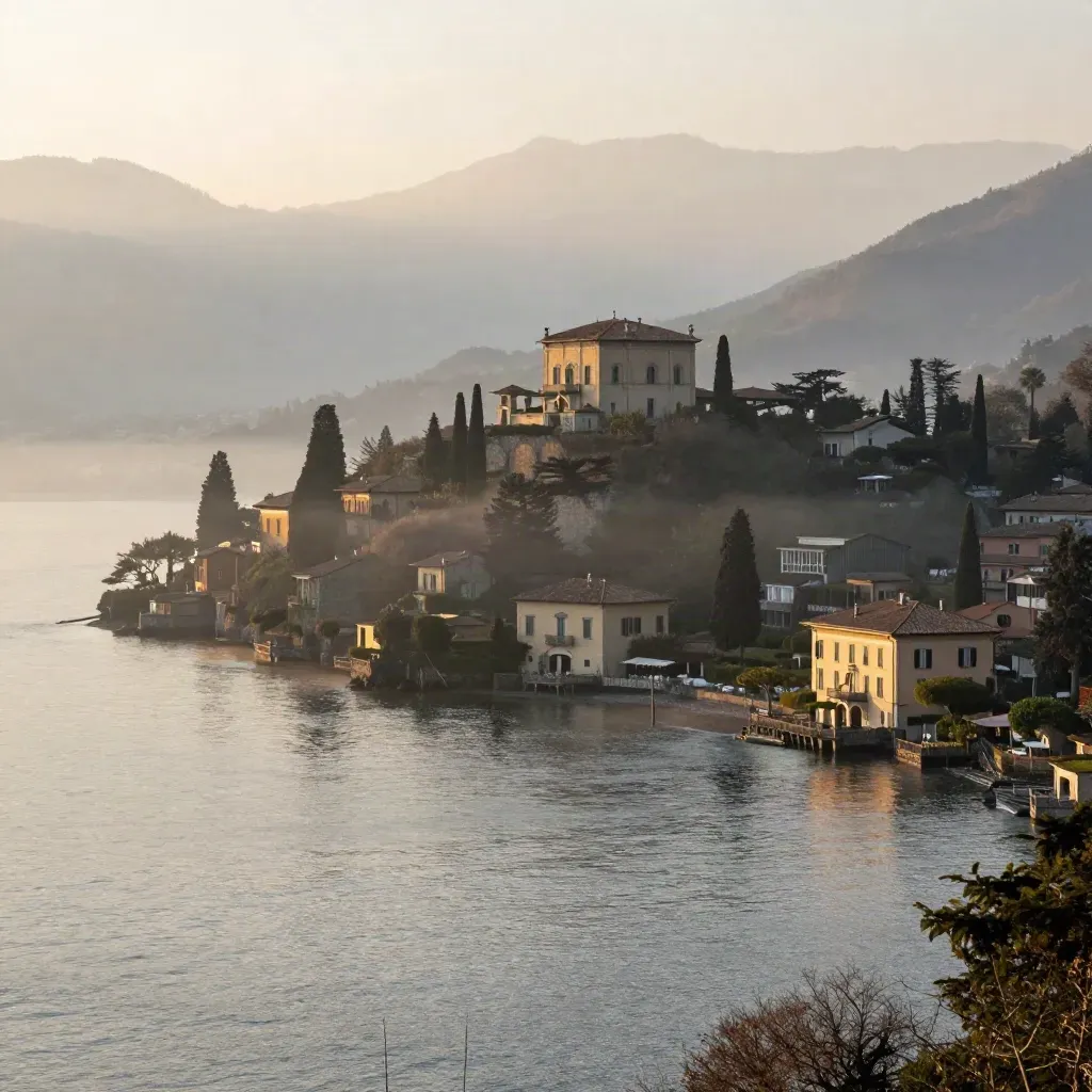 Lago di Como all’alba con Villa del Balbianello alta e acqua immobile nella foschia