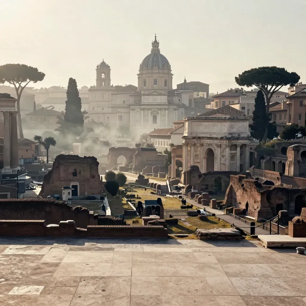 Roma all’alba tra Foro, cupole lontane e foschia dorata sopra pietra silenziosa