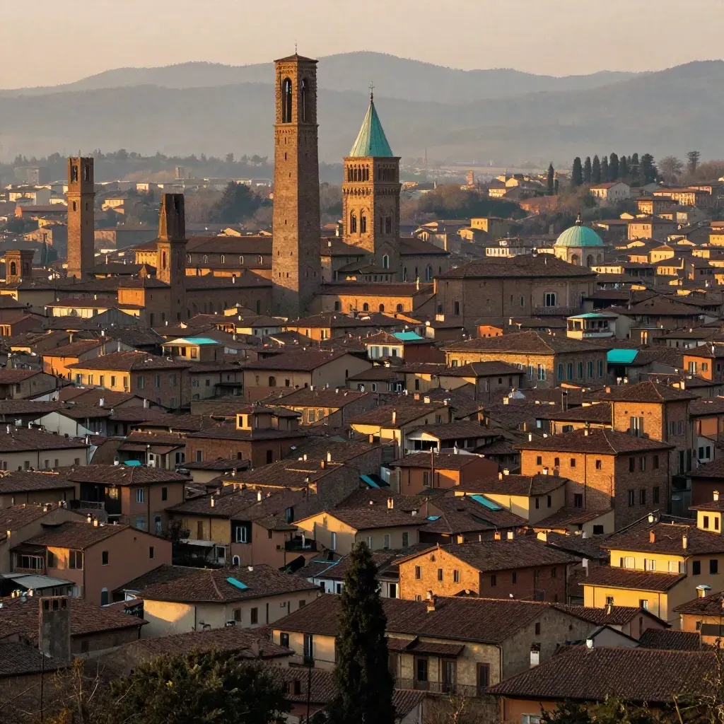 Bologna al tramonto con le Due Torri sopra i tetti terracotta e una leggera foschia.
