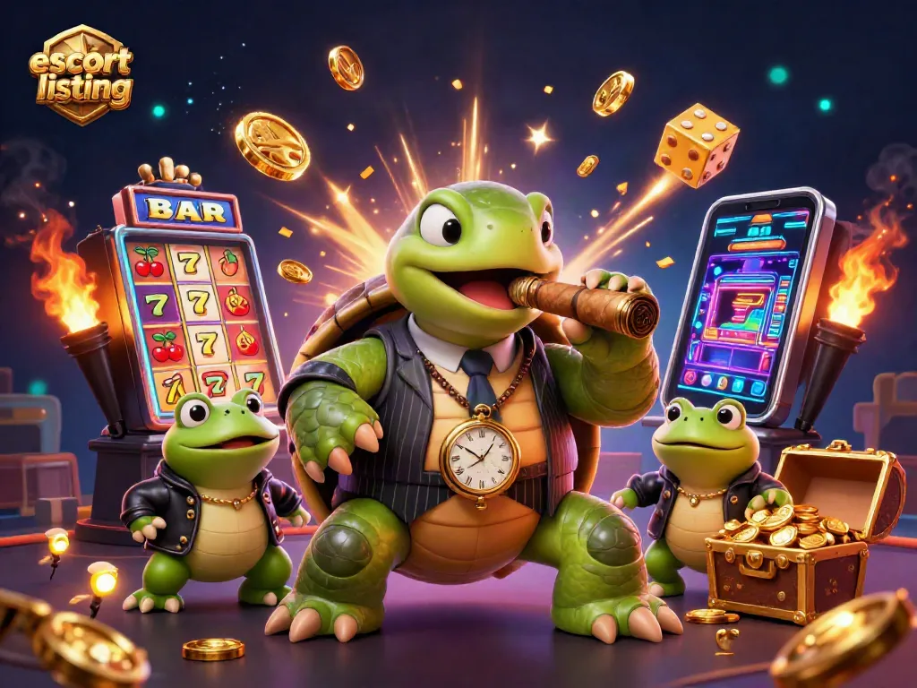 Exciting escort listing scene with colorful slot machines and charming cartoon characters in a casino atmosphere.