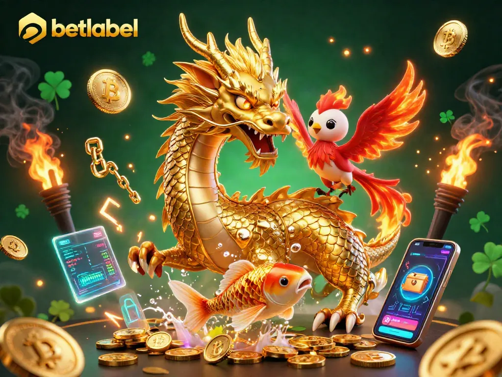 Experience the vibrant world of betlabel with a fierce dragon, phoenix, and golden koi fish surrounded by crypto elements.