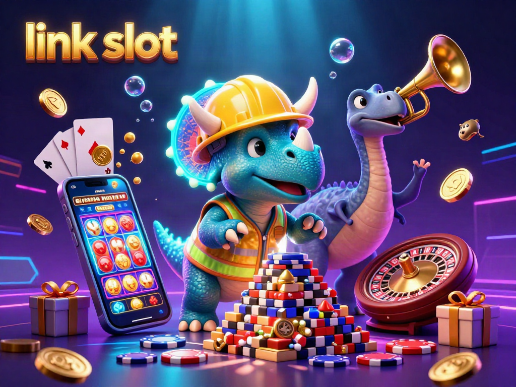 Engage in the link slot gaming experience with vibrant scenes of fun-filled characters celebrating amidst casino elements.