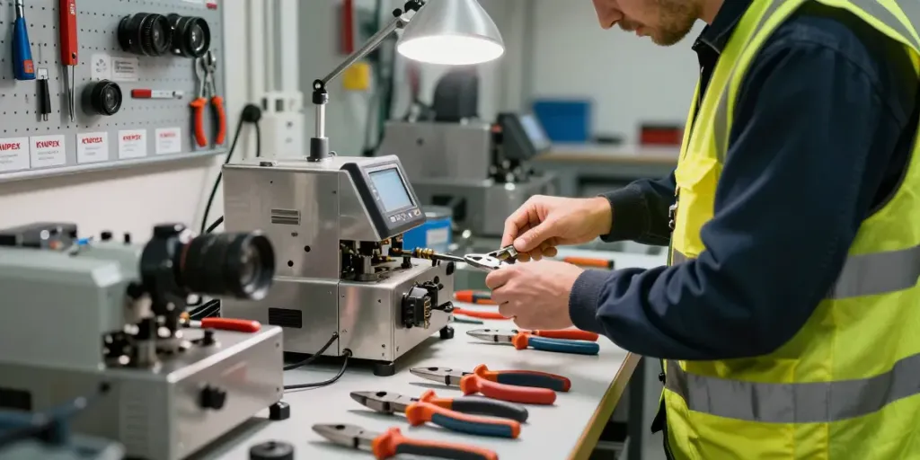 Un tecnico esperto che utilizza strumenti KNIPEX in un'officina industriale per riparazioni complesse, evidenziando la qualità di KNIPEX Italia.
