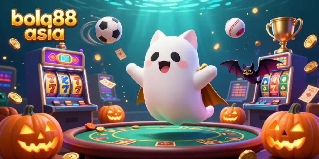 Bola88 Asia showcases a vibrant 3D casino scene with ghostly characters, sports elements, and glowing jackpots.