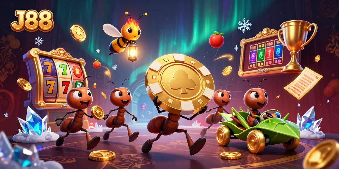 Experience J88's heist with cartoon ants stealing a giant poker chip in a dynamic casino scene