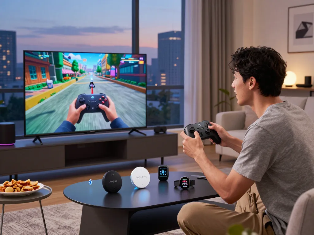 Experience the best tech gadgets for men including gaming controllers and Bluetooth devices in a stylish urban setting.