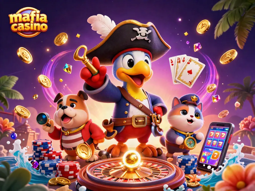 Mafia casino characters demonstrate excitement at a vibrant casino scene filled with sparkling gems and golden coins.