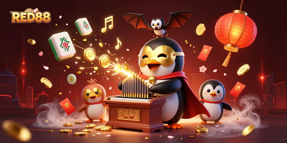RED88 casino themed illustration featuring a penguin playing an organ, shooting gold coins.