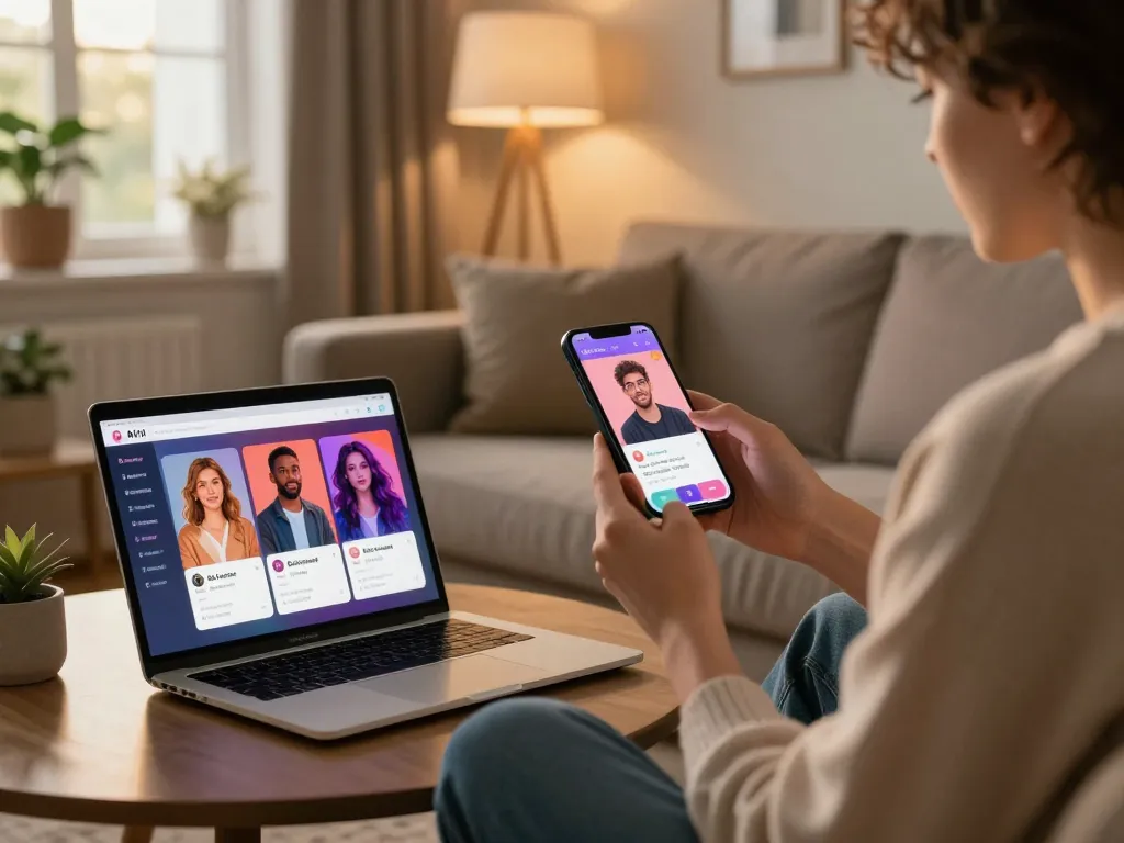 Individual engaging with an AI-driven dating app emphasizing ai sex technologies in a cozy apartment setting.