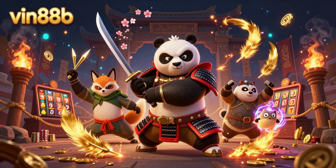 Experience thrilling gaming with vin88b, featuring samurai panda, ninja fox, and casino elements.