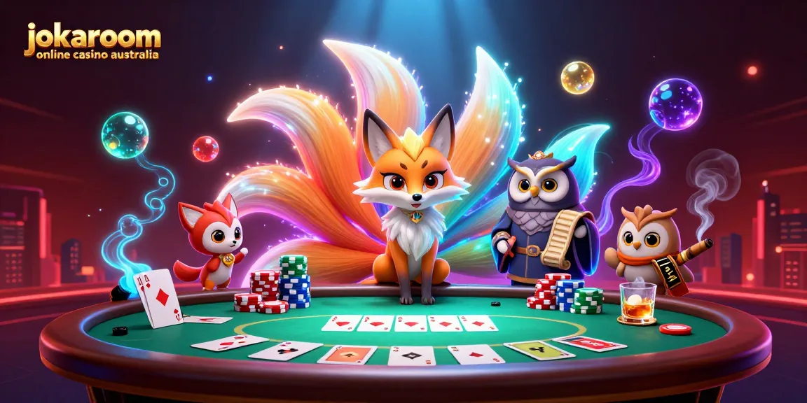 In an exciting scene, a nine-tailed fox spirit and an owl sage embody the spirit of jokaroom online casino australia amidst poker elements.