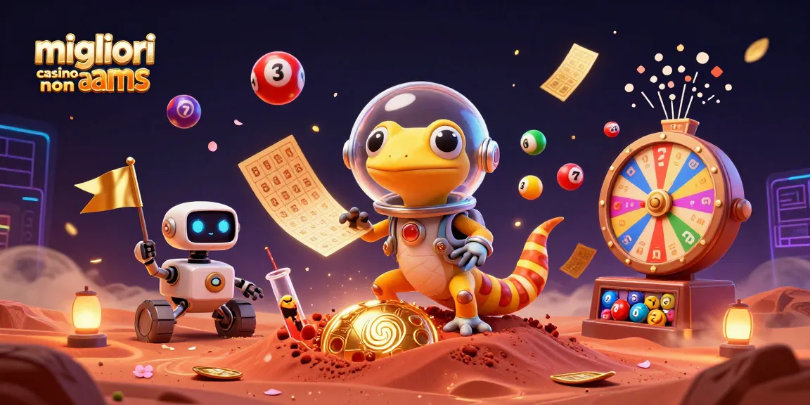 Engage with migliori casino non aams in this 3D vibrant scene featuring a Martian gecko exploring a golden casino.