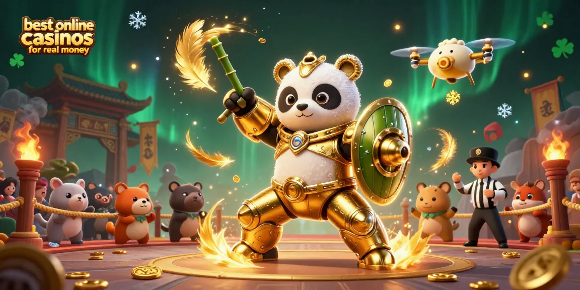 Experience thrilling action at the best online casinos for real money with a golden panda and dynamic elements.