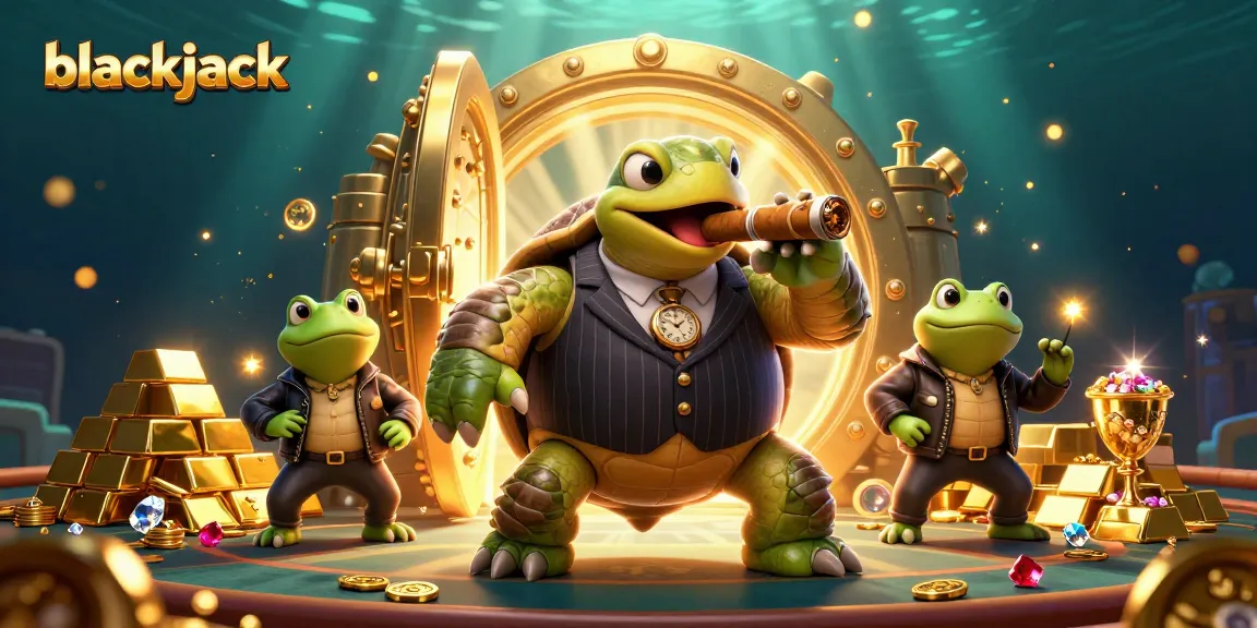 Experience the excitement of blackjack with a unique mobster-themed scene featuring vibrant characters and treasures.